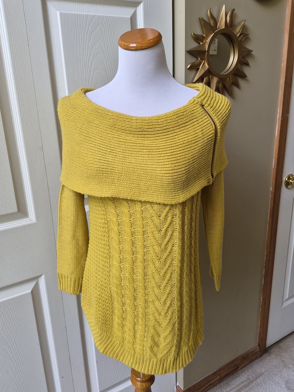 Westport Mustard Yellow Off-Shoulder Cable Knit Sweater Tunic